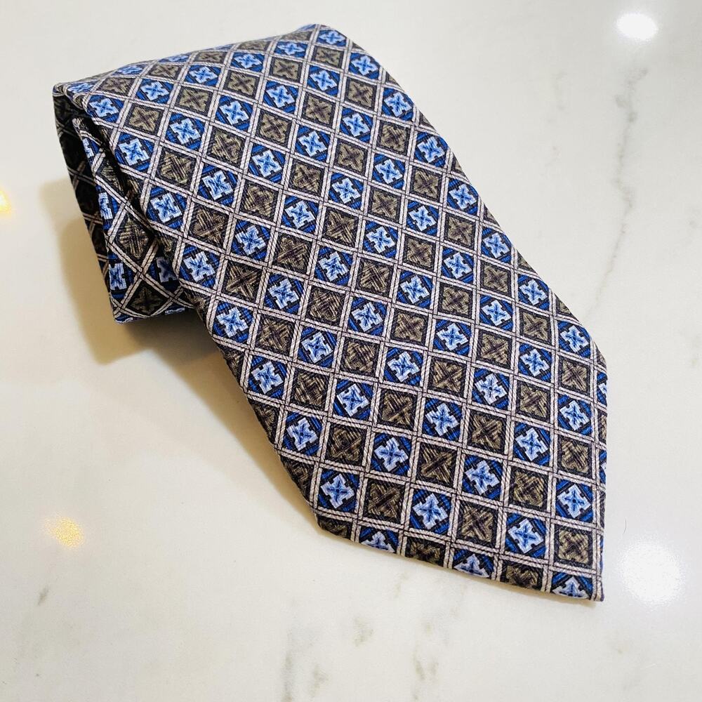 Z Logo Silk Tie Mens Blue Brown Geometric Medallion Pattern Classic career Silk